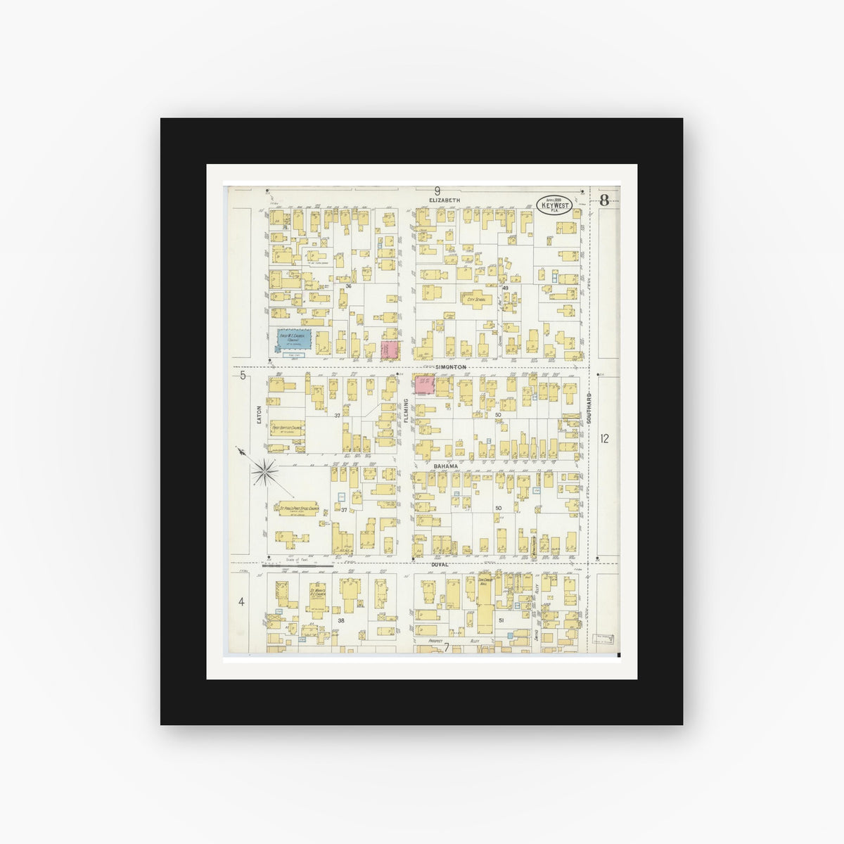 Old map wall art mockup — black gallery frame with white mat — Sanborn Fire Insurance Map from Key West, Monroe County, Florida (1899), Sheet #0008