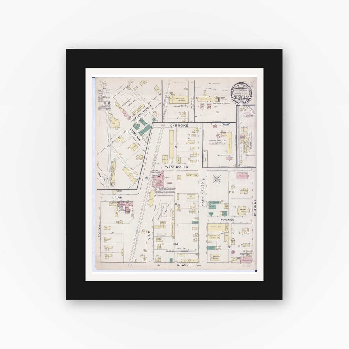 Old map wall art mockup — black gallery frame with white mat — Sanborn Fire Insurance Map from Taylorville, Christian County, Illinois (1886) - Complete Map Set