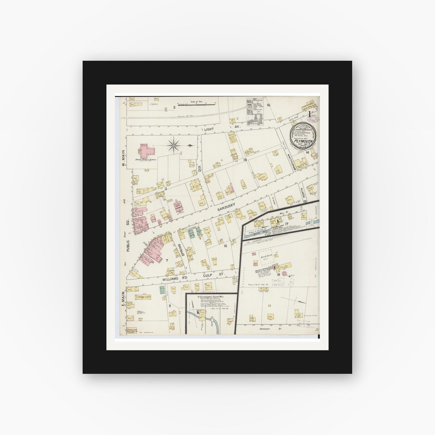 Old map wall art mockup — black gallery frame with white mat — Sanborn Fire Insurance Map from Plymouth, Huron And Richland Counties, Ohio (1887) - Complete Map Set