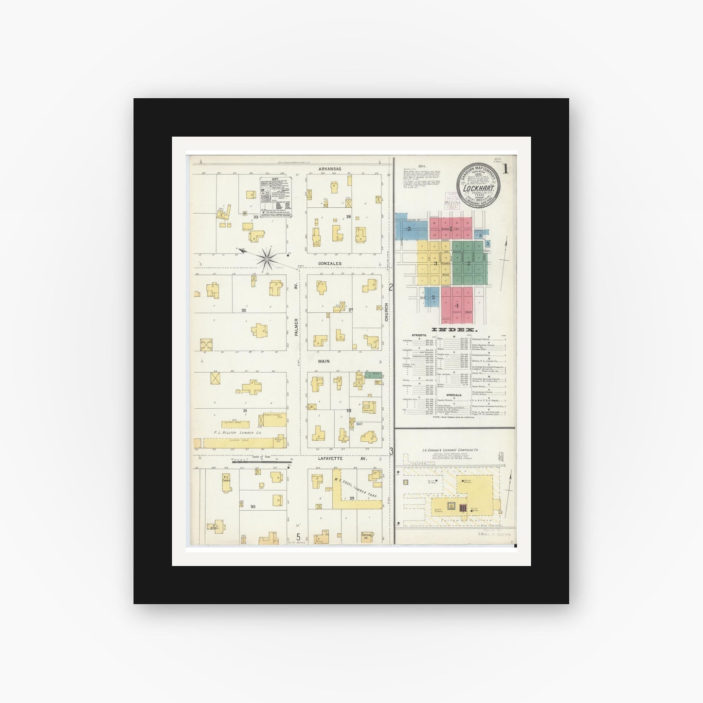 Old map wall art mockup — black gallery frame with white mat — Sanborn Fire Insurance Map from Lockhart, Caldwell County, Texas (1903) - Complete Map Set
