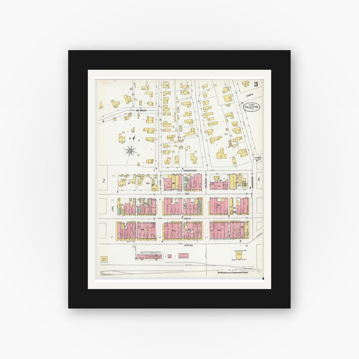 Old map wall art mockup — black gallery frame with white mat — Sanborn Fire Insurance Map from Palestine, Anderson County, Texas (1900), Sheet #0003
