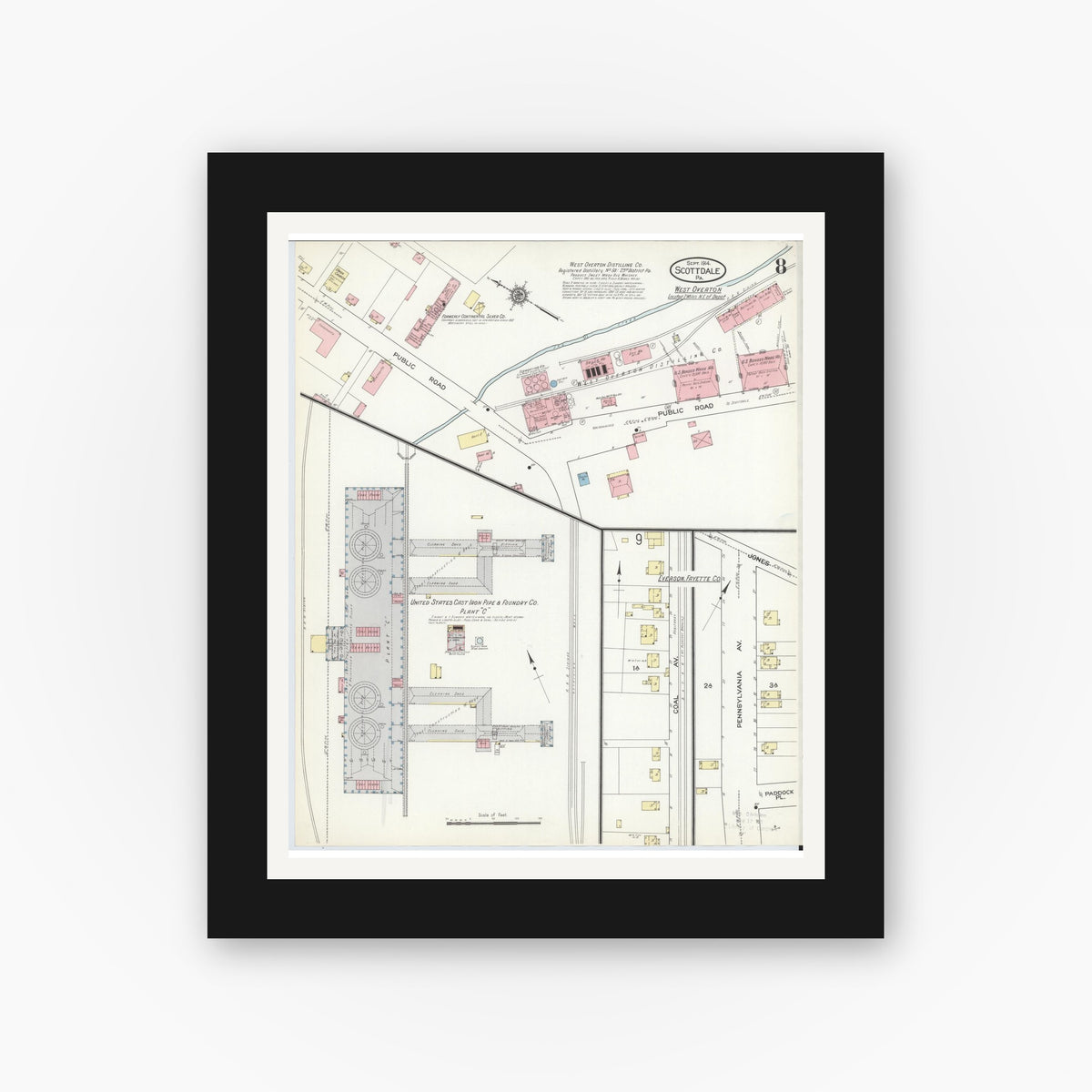 Old map wall art mockup — black gallery frame with white mat — Sanborn Fire Insurance Map from Scottdale, Westmoreland County, Pennsylvania (1914), Sheet #0008