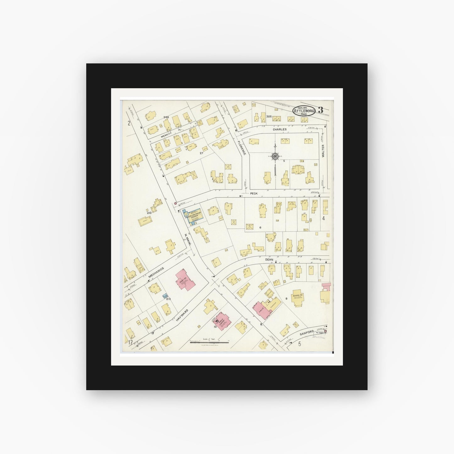 Old map wall art mockup — black gallery frame with white mat — Sanborn Fire Insurance Map from Attleboro, Bristol County, Massachusetts (1916), Sheet #0003