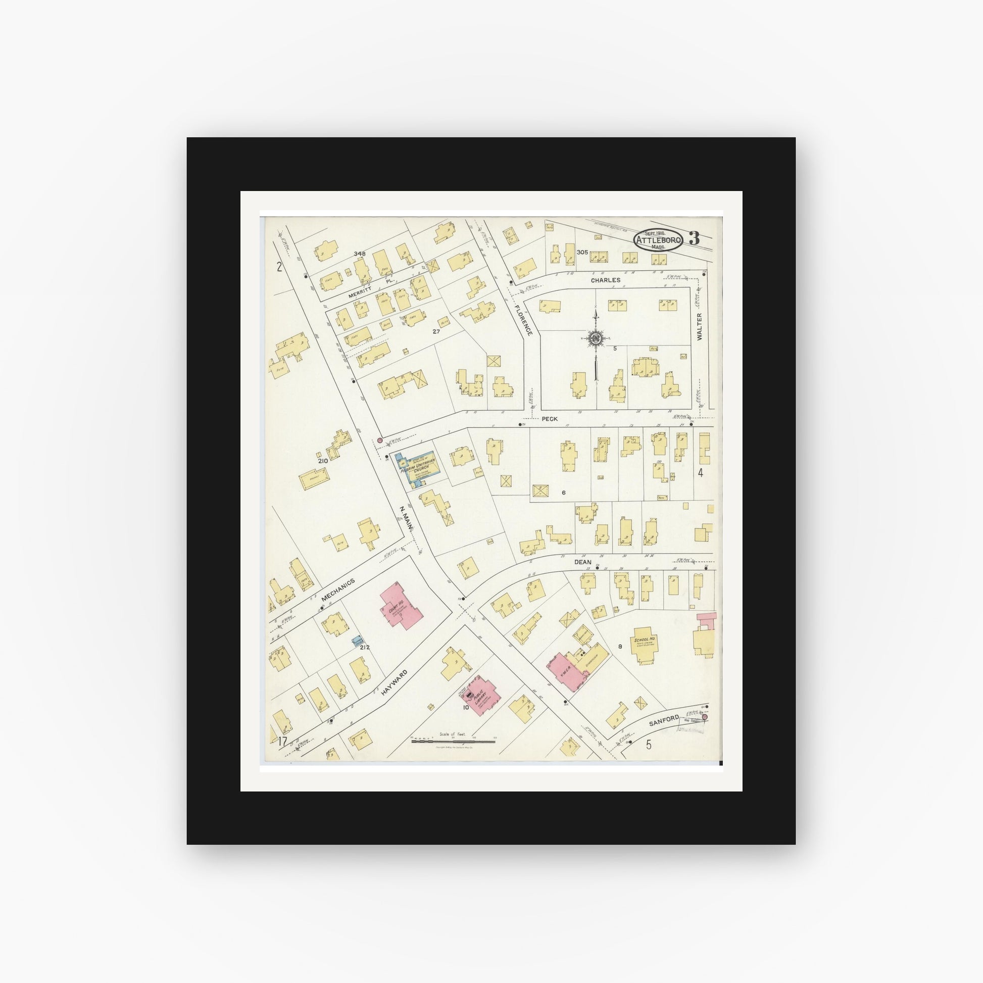 Old map wall art mockup — black gallery frame with white mat — Sanborn Fire Insurance Map from Attleboro, Bristol County, Massachusetts (1916), Sheet #0003