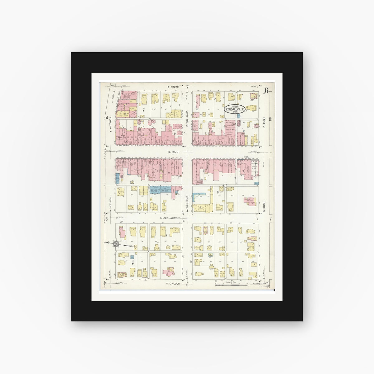 Old map wall art mockup — black gallery frame with white mat — Sanborn Fire Insurance Map from Kendallville, Noble County, Indiana (1914), Sheet #0006