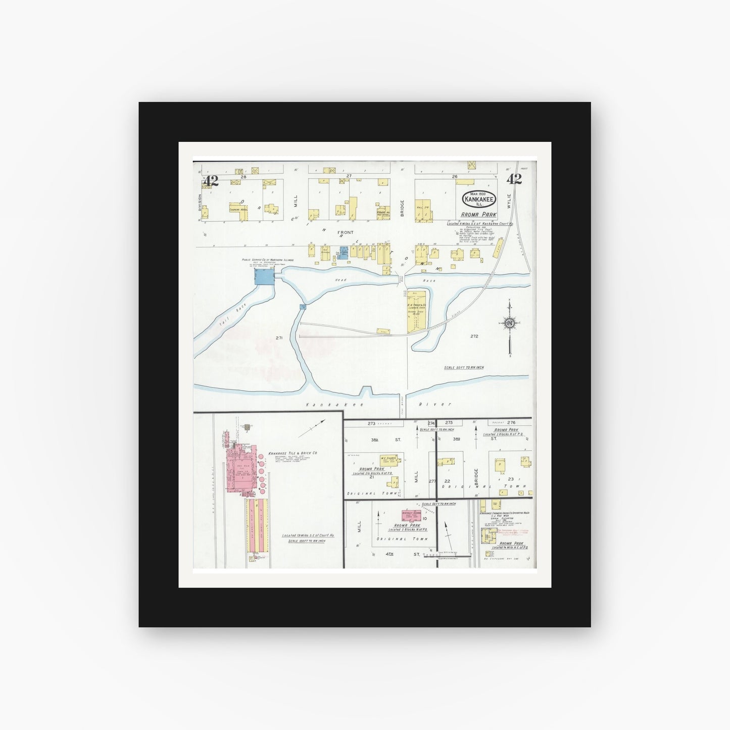 Old map wall art mockup — black gallery frame with white mat — Sanborn Fire Insurance Map from Kankakee, Kankakee County, Illinois (1930), Sheet #0042