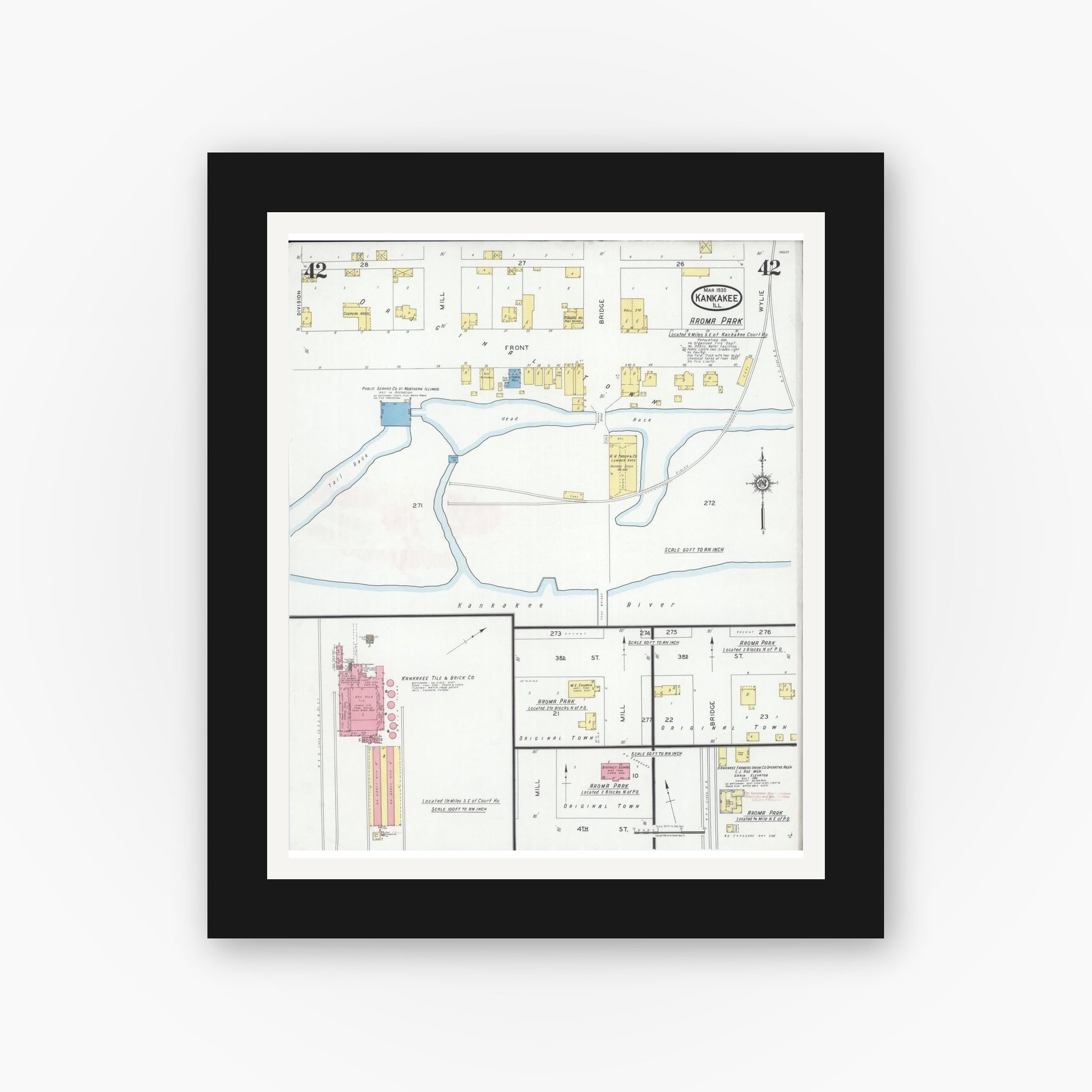 Old map wall art mockup — black gallery frame with white mat — Sanborn Fire Insurance Map from Kankakee, Kankakee County, Illinois (1930), Sheet #0042