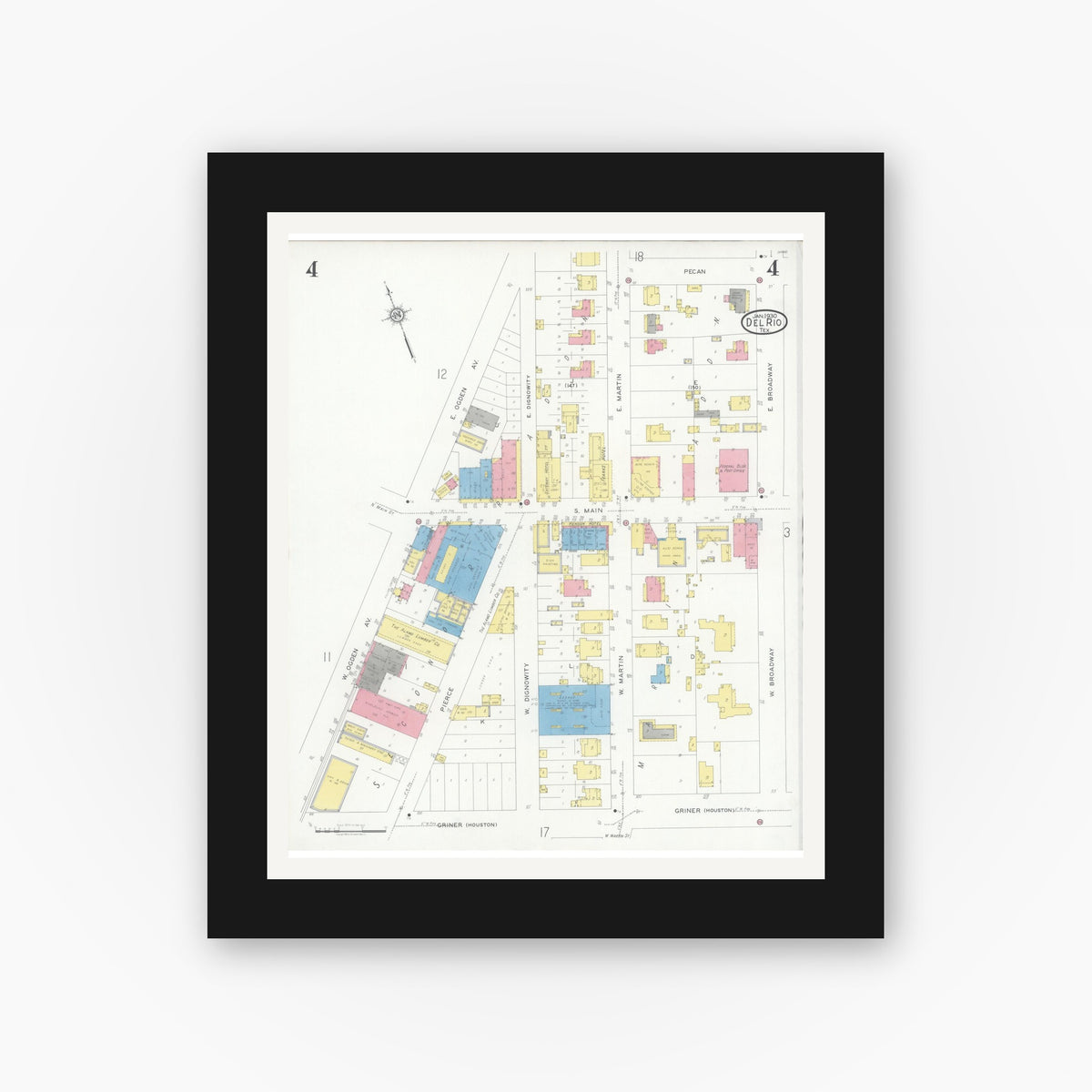 Old map wall art mockup — black gallery frame with white mat — Sanborn Fire Insurance Map from Del Rio, Val Verde County, Texas (1930), Sheet #0004