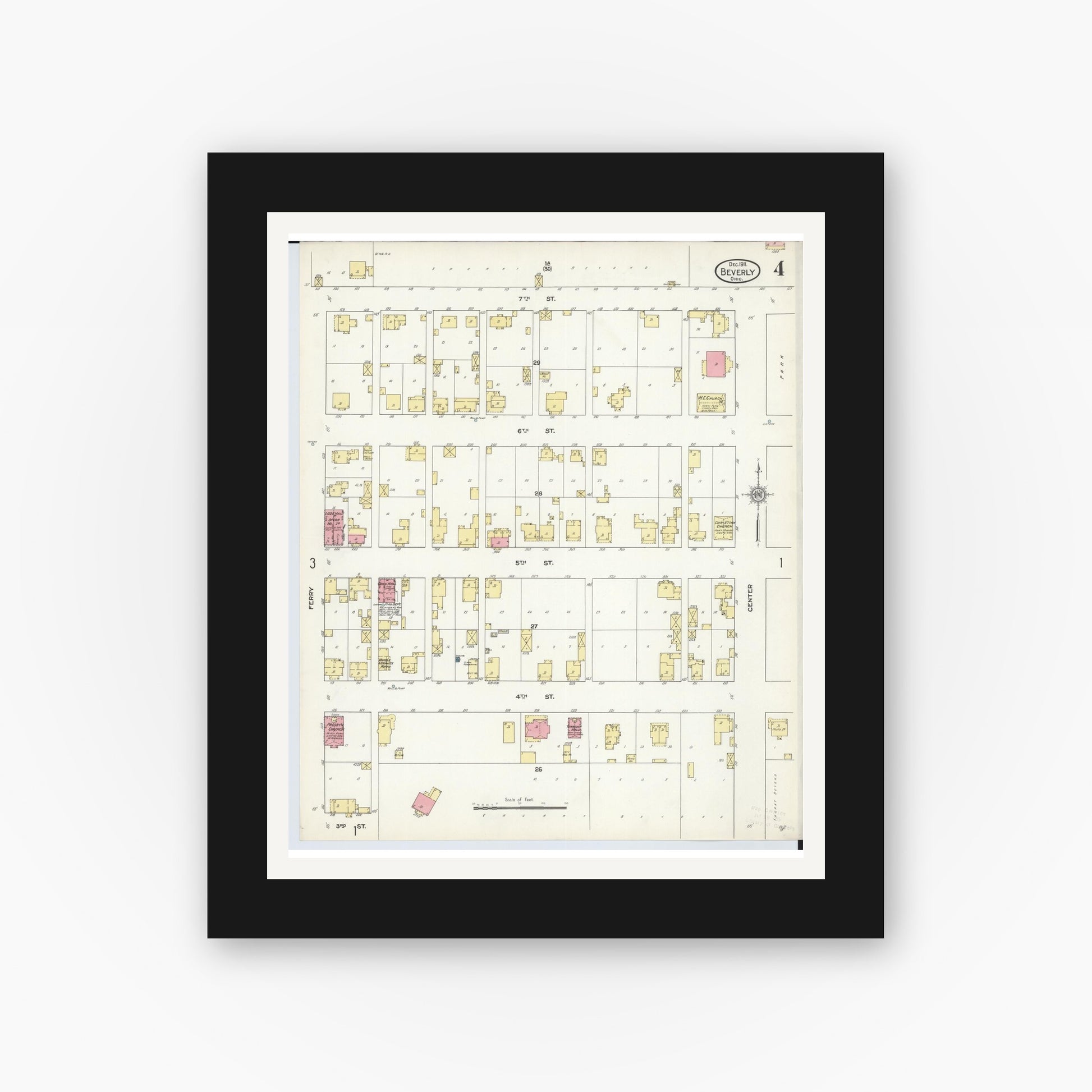 Old map wall art mockup — black gallery frame with white mat — Sanborn Fire Insurance Map from Beverly, Washington County, Ohio (1911), Sheet #0004