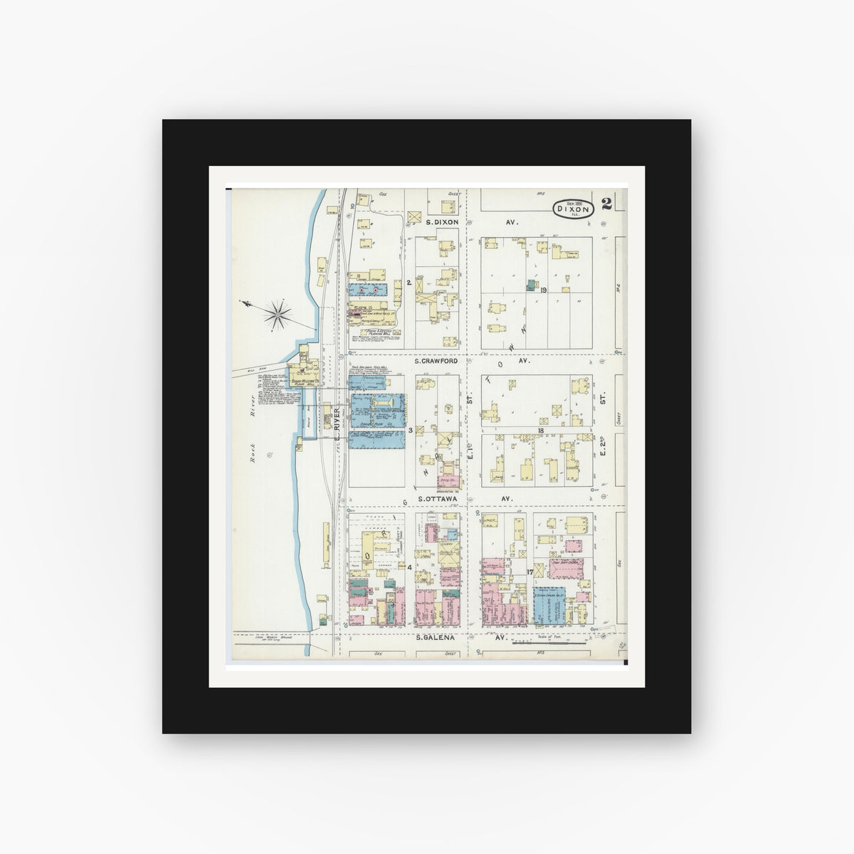 Old map wall art mockup — black gallery frame with white mat — Sanborn Fire Insurance Map from Dixon, Lee County, Illinois (1891), Sheet #0002