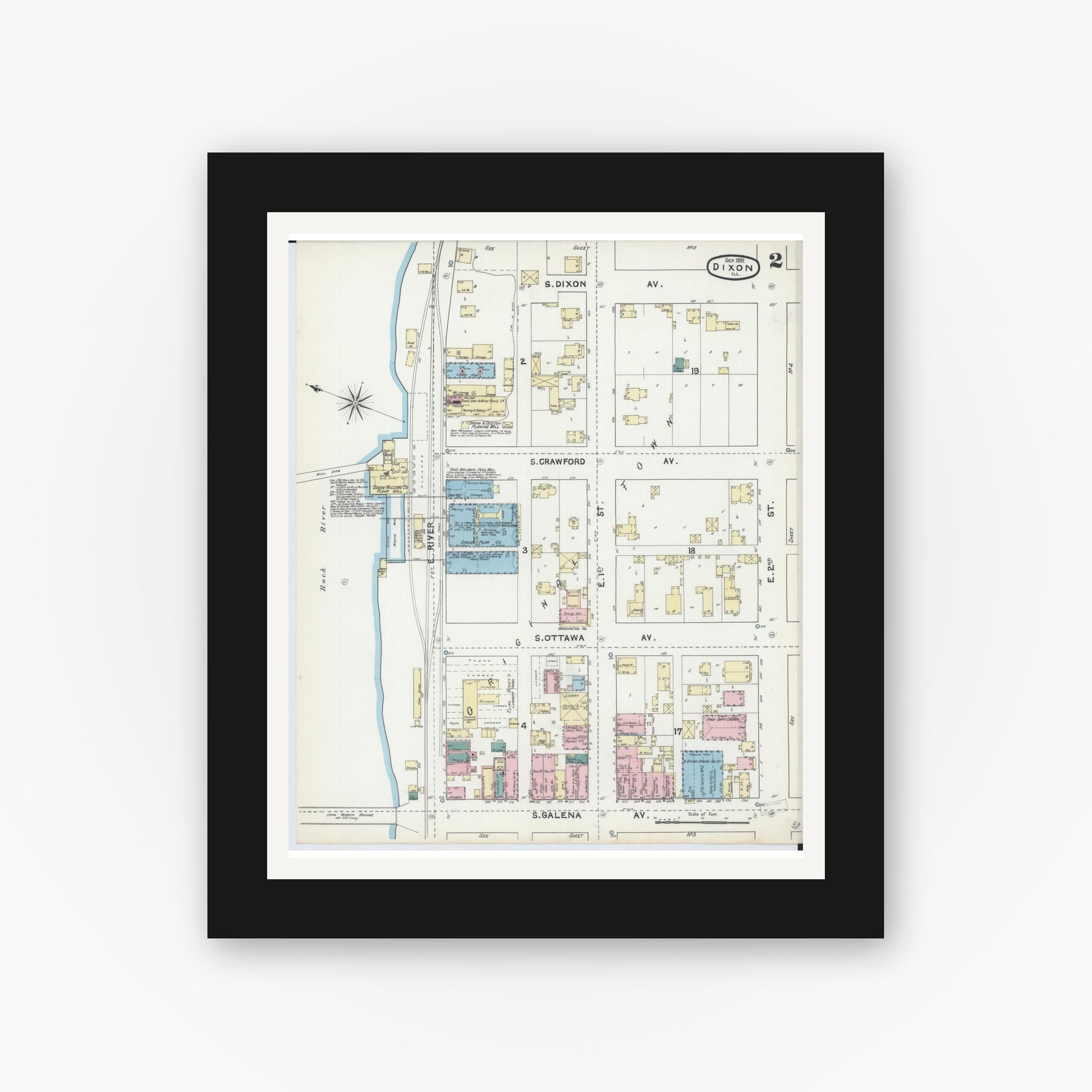 Old map wall art mockup — black gallery frame with white mat — Sanborn Fire Insurance Map from Dixon, Lee County, Illinois (1891), Sheet #0002