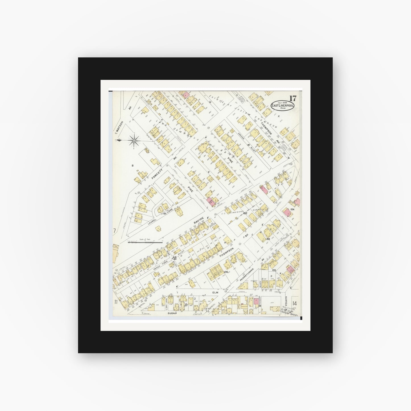 Old map wall art mockup — black gallery frame with white mat — Sanborn Fire Insurance Map from East Liverpool, Columbiana County, Ohio (1908), Sheet #0017