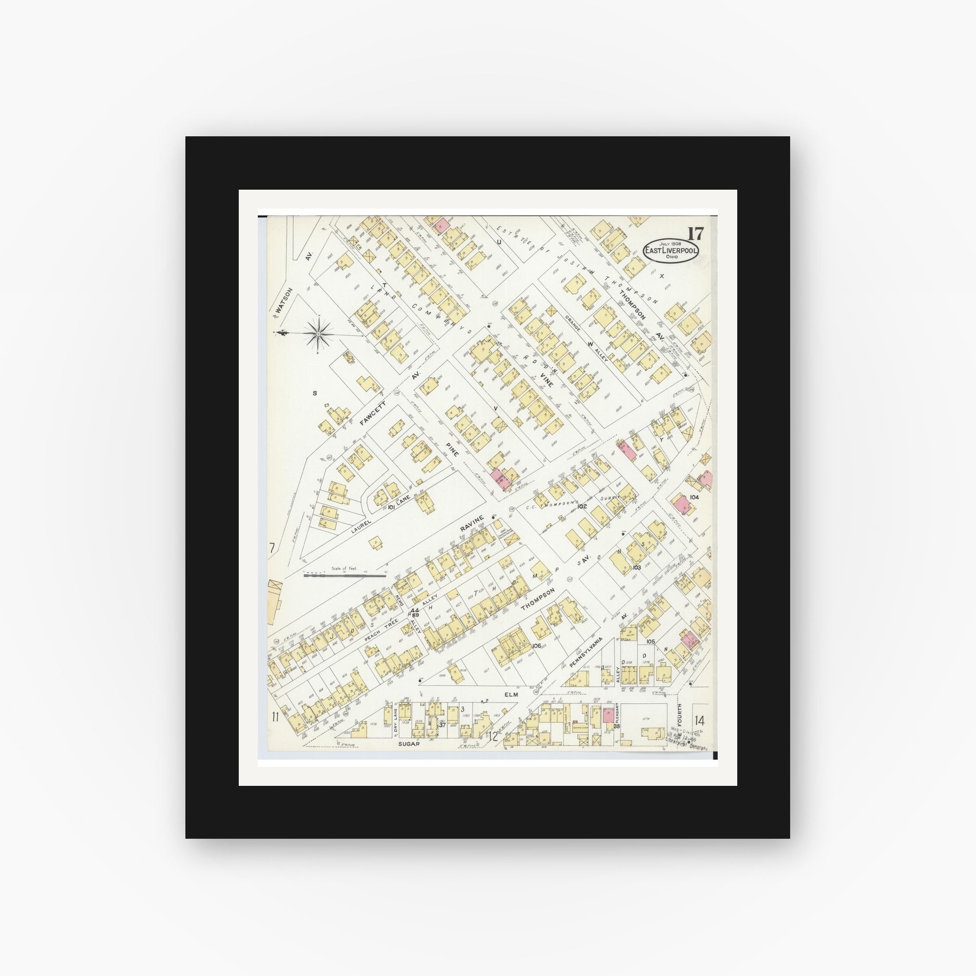 Old map wall art mockup — black gallery frame with white mat — Sanborn Fire Insurance Map from East Liverpool, Columbiana County, Ohio (1908), Sheet #0017