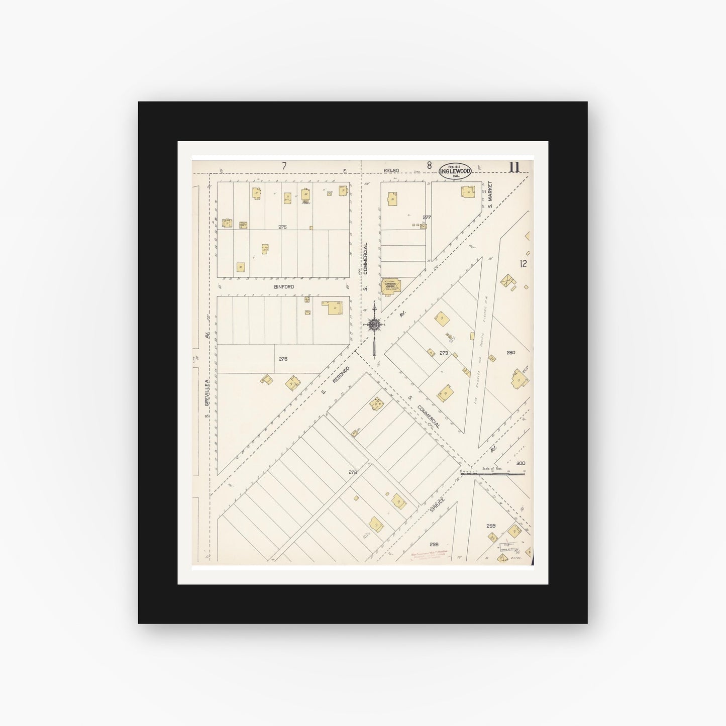 Old map wall art mockup — black gallery frame with white mat — Sanborn Fire Insurance Map from Inglewood, Los Angeles County, California (1912), Sheet #0011