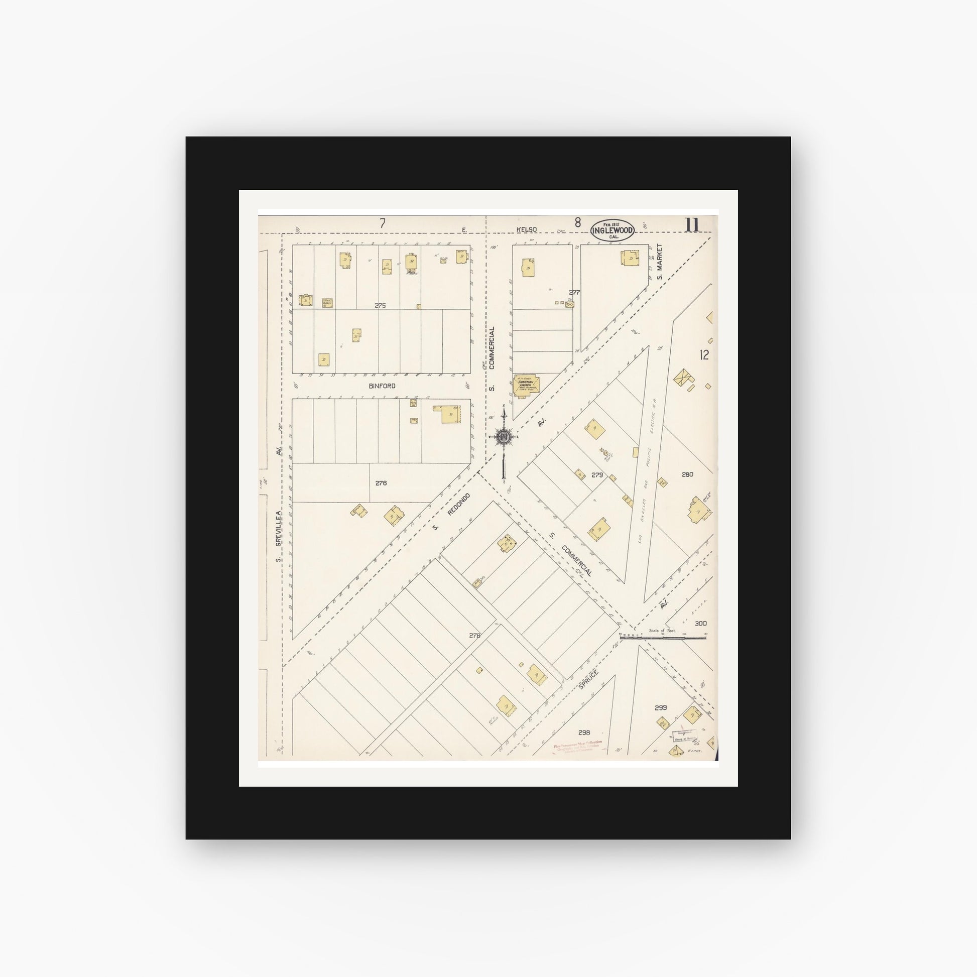 Old map wall art mockup — black gallery frame with white mat — Sanborn Fire Insurance Map from Inglewood, Los Angeles County, California (1912), Sheet #0011