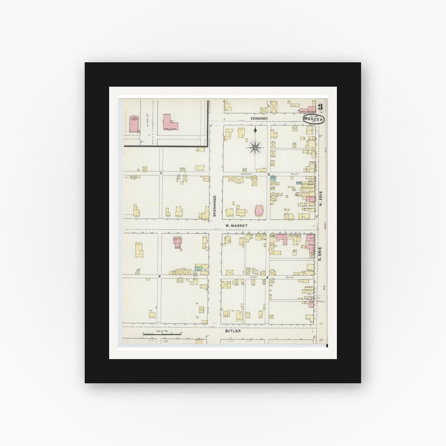 Old map wall art mockup — black gallery frame with white mat — Sanborn Fire Insurance Map from Mercer, Mercer County, Pennsylvania (1891), Sheet #0003
