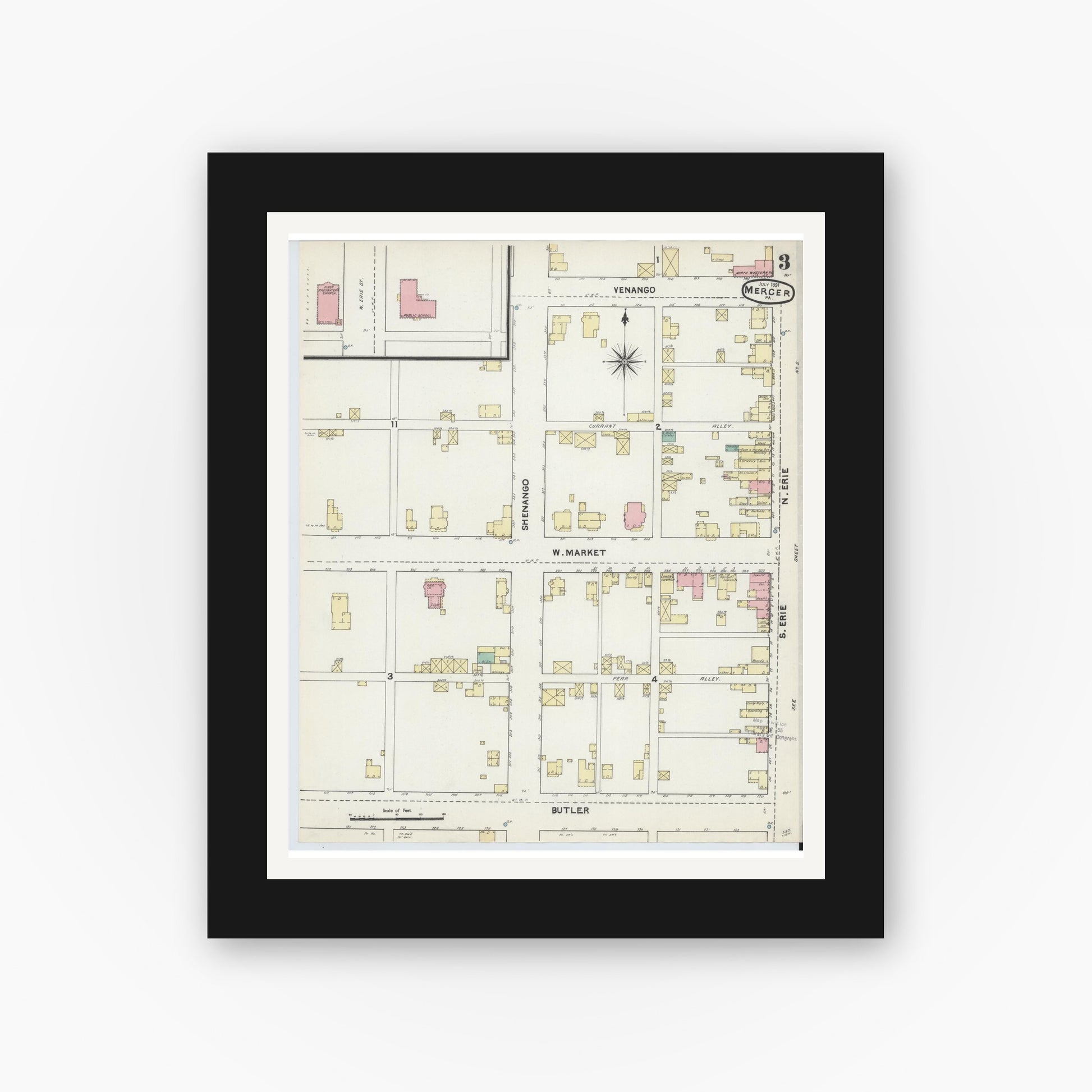 Old map wall art mockup — black gallery frame with white mat — Sanborn Fire Insurance Map from Mercer, Mercer County, Pennsylvania (1891), Sheet #0003