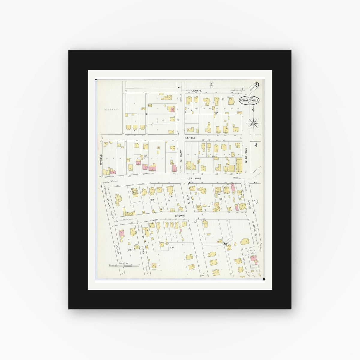 Old map wall art mockup — black gallery frame with white mat — Sanborn Fire Insurance Map from Edwardsville, Madison County, Illinois (1909), Sheet #0009