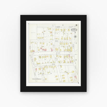 Old map wall art mockup — black gallery frame with white mat — Sanborn Fire Insurance Map from Edwardsville, Madison County, Illinois (1909), Sheet #0009
