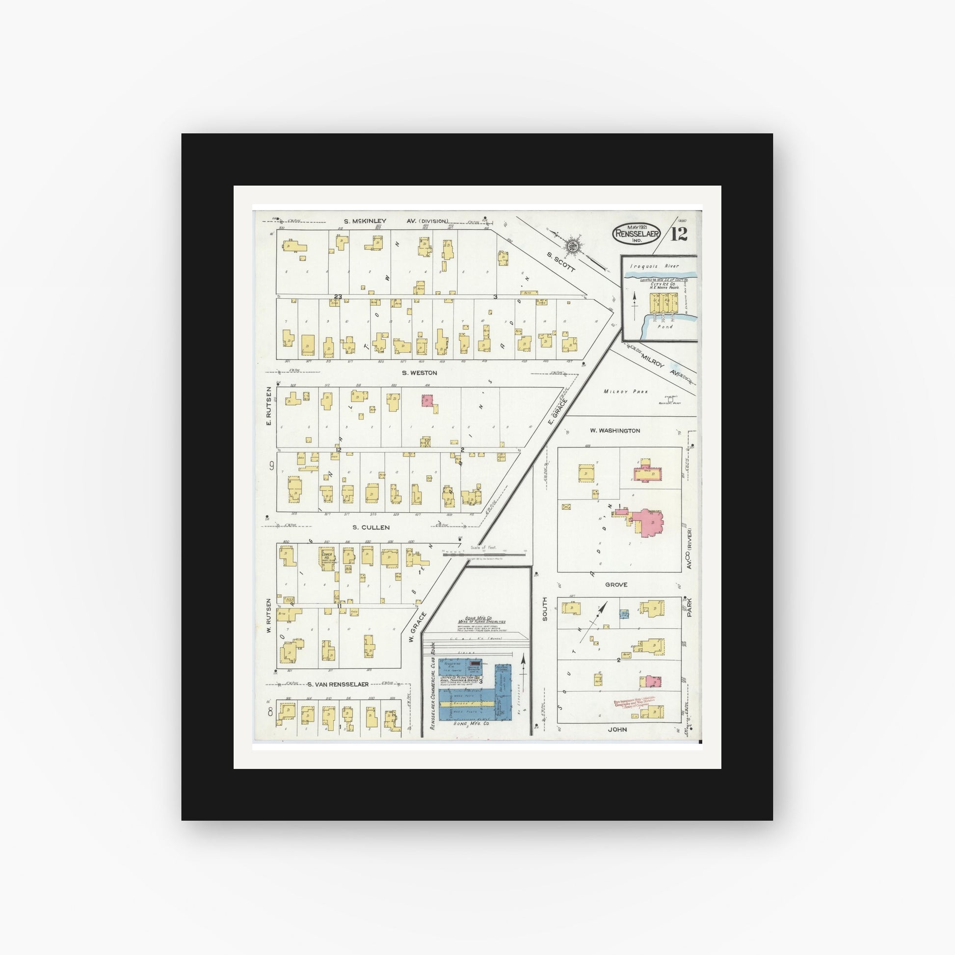 Old map wall art mockup — black gallery frame with white mat — Sanborn Fire Insurance Map from Rensselaer, Jasper County, Indiana (1921), Sheet #0012