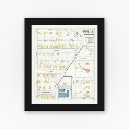 Old map wall art mockup — black gallery frame with white mat — Sanborn Fire Insurance Map from Rensselaer, Jasper County, Indiana (1921), Sheet #0012