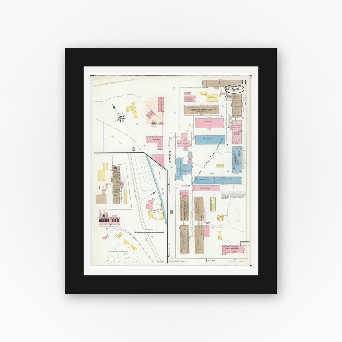 Old map wall art mockup — black gallery frame with white mat — Sanborn Fire Insurance Map from Jefferson City, Cole County, Missouri (1908), Sheet #0011