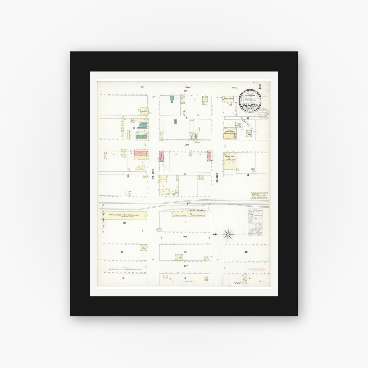 Old map wall art mockup — black gallery frame with white mat — Sanborn Fire Insurance Map from Orland, Glenn County, California (1897) - Complete Map Set