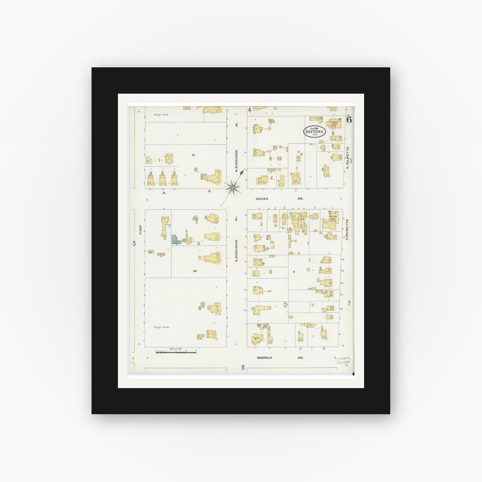 Old map wall art mockup — black gallery frame with white mat — Sanborn Fire Insurance Map from Daytona, Volusia County, Florida (1906), Sheet #0006