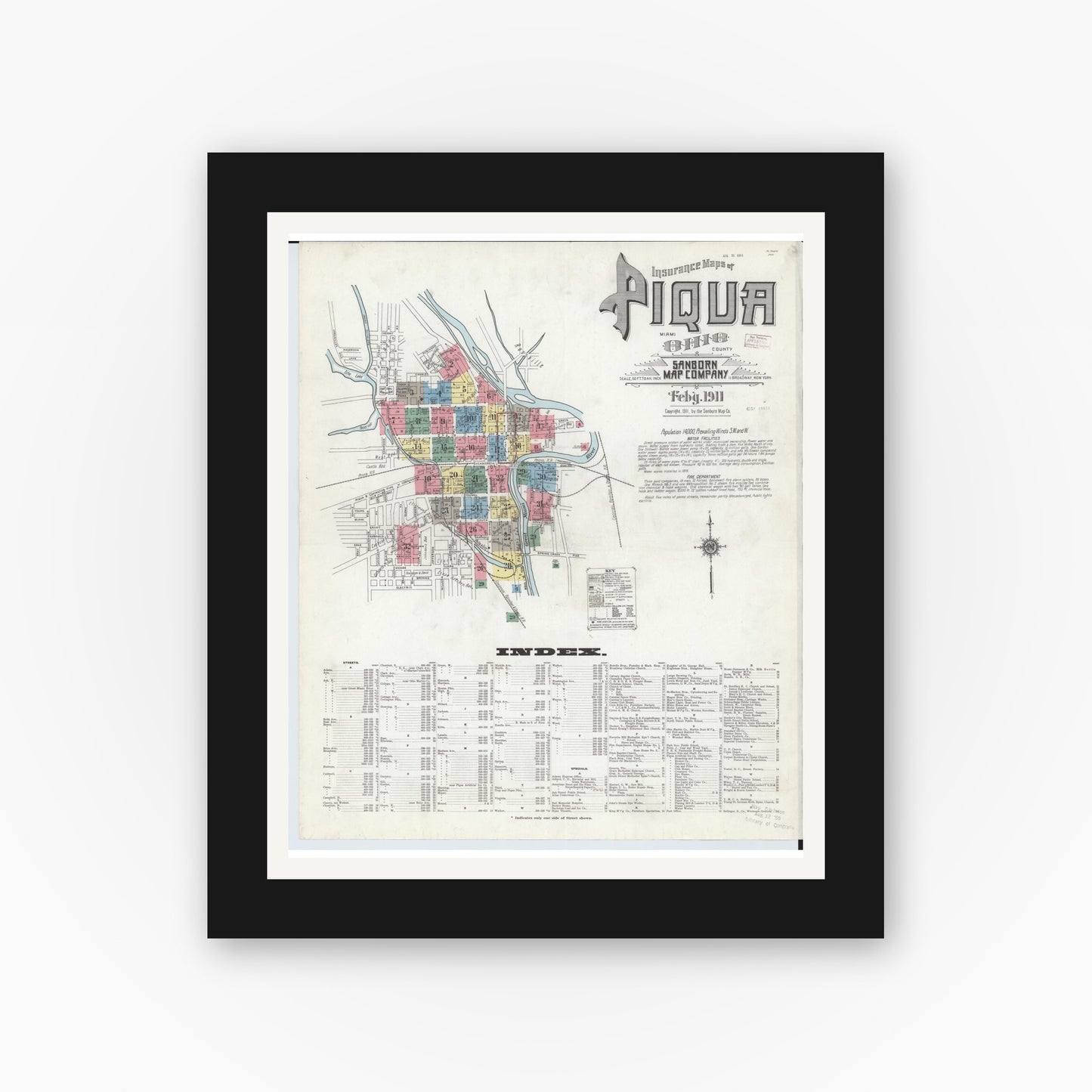 Old map wall art mockup — black gallery frame with white mat — Sanborn Fire Insurance Map from Piqua, Miami County, Ohio (1911) - Complete Map Set