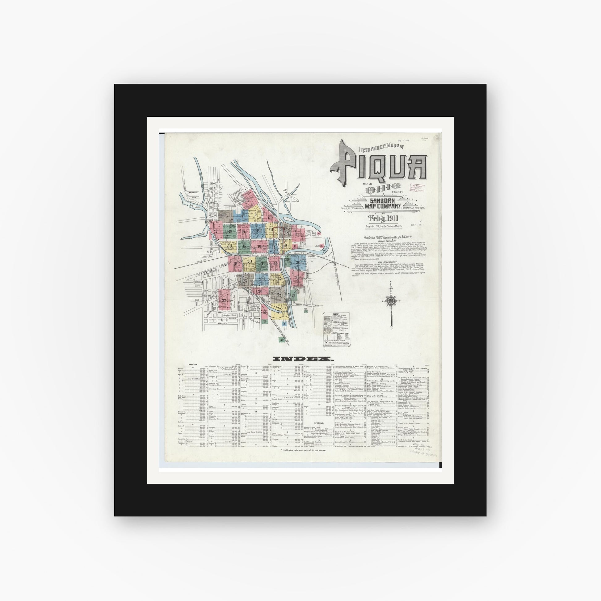 Old map wall art mockup — black gallery frame with white mat — Sanborn Fire Insurance Map from Piqua, Miami County, Ohio (1911) - Complete Map Set