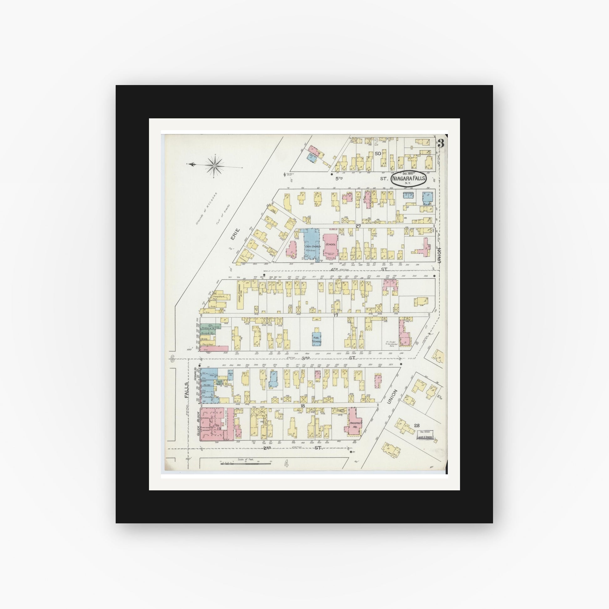 Old map wall art mockup — black gallery frame with white mat — Sanborn Fire Insurance Map from Niagara Falls, Niagara County, New York (1892), Sheet #0003