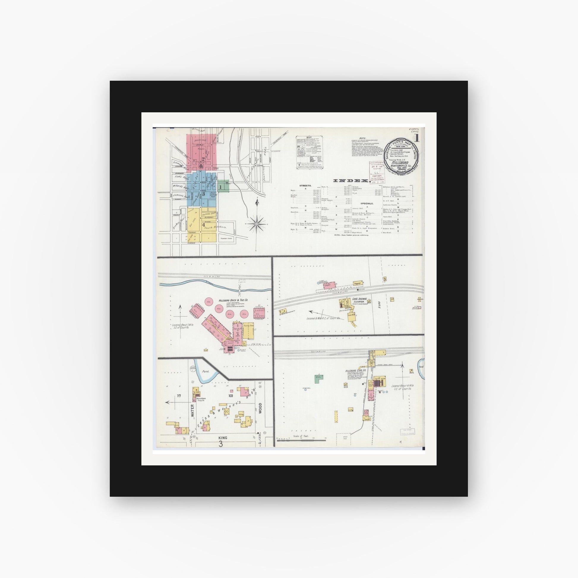 Old map wall art mockup — black gallery frame with white mat — Sanborn Fire Insurance Map from Hillsboro, Montgomery County, Illinois (1899) - Complete Map Set