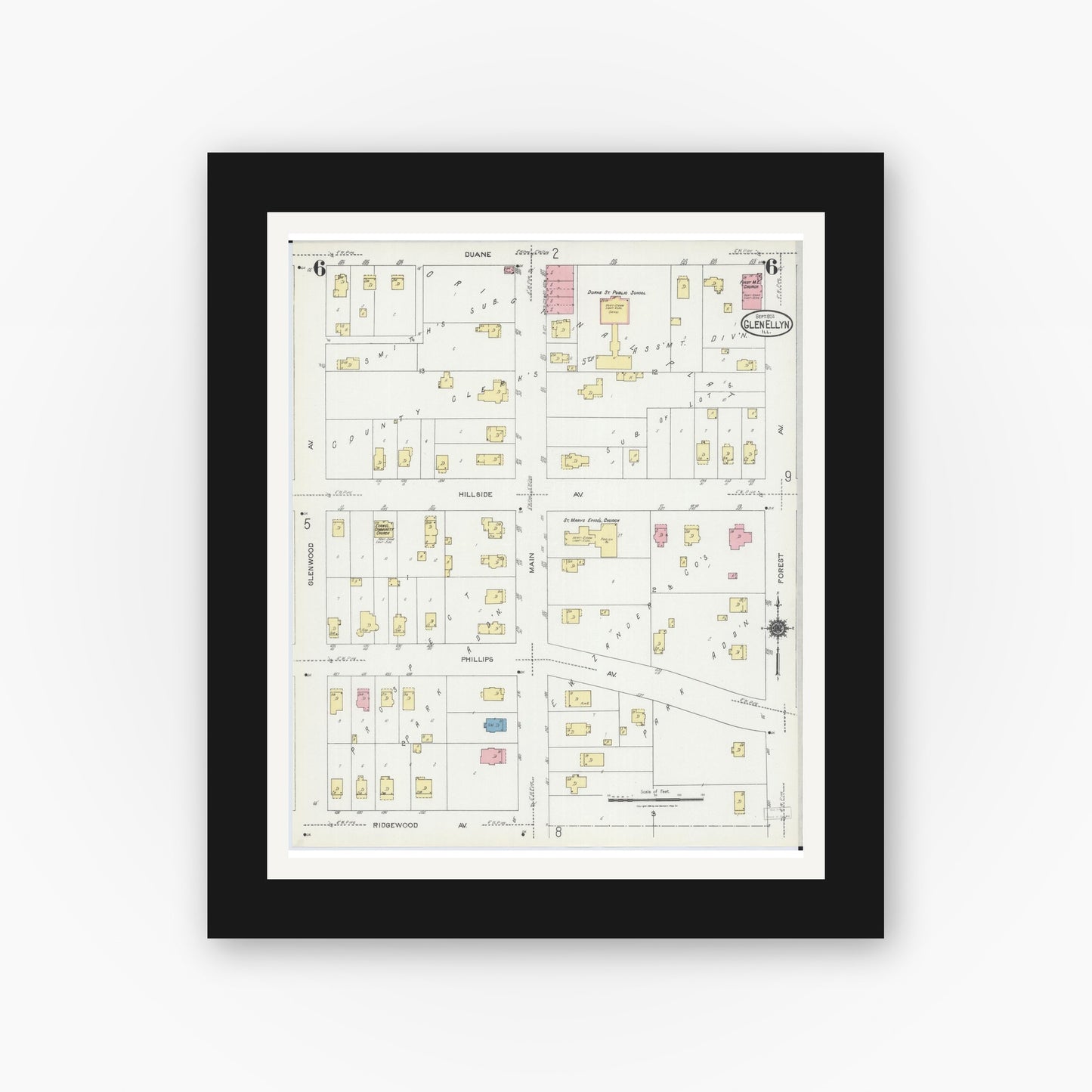 Old map wall art mockup — black gallery frame with white mat — Sanborn Fire Insurance Map from Glen Ellyn, Du Page County, Illinois (1924), Sheet #0006