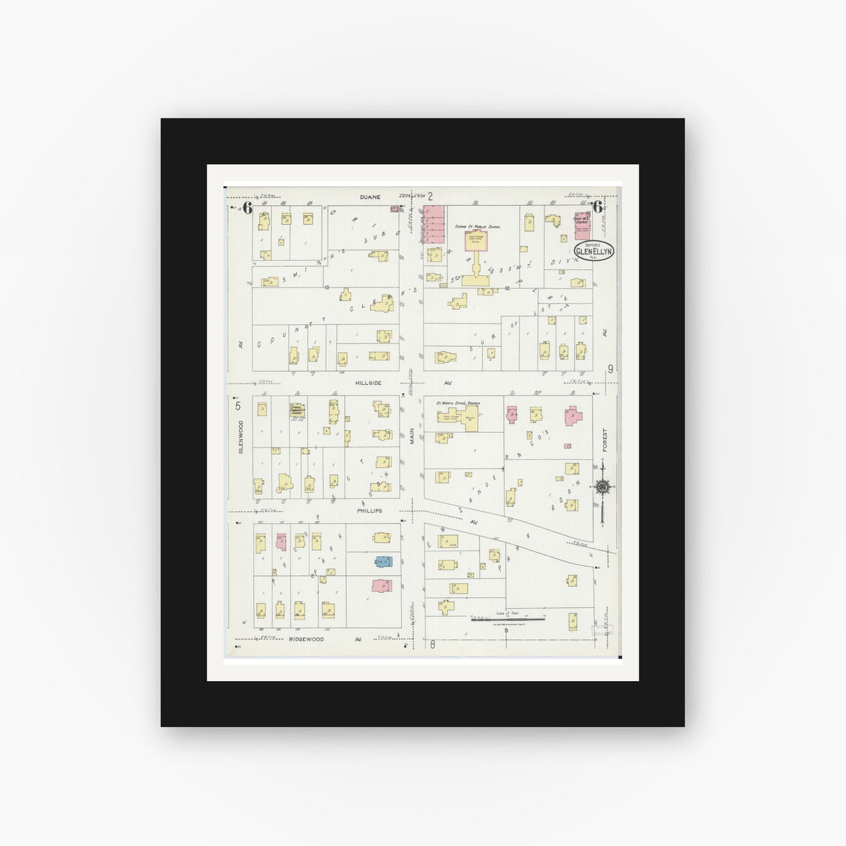 Old map wall art mockup — black gallery frame with white mat — Sanborn Fire Insurance Map from Glen Ellyn, Du Page County, Illinois (1924), Sheet #0006