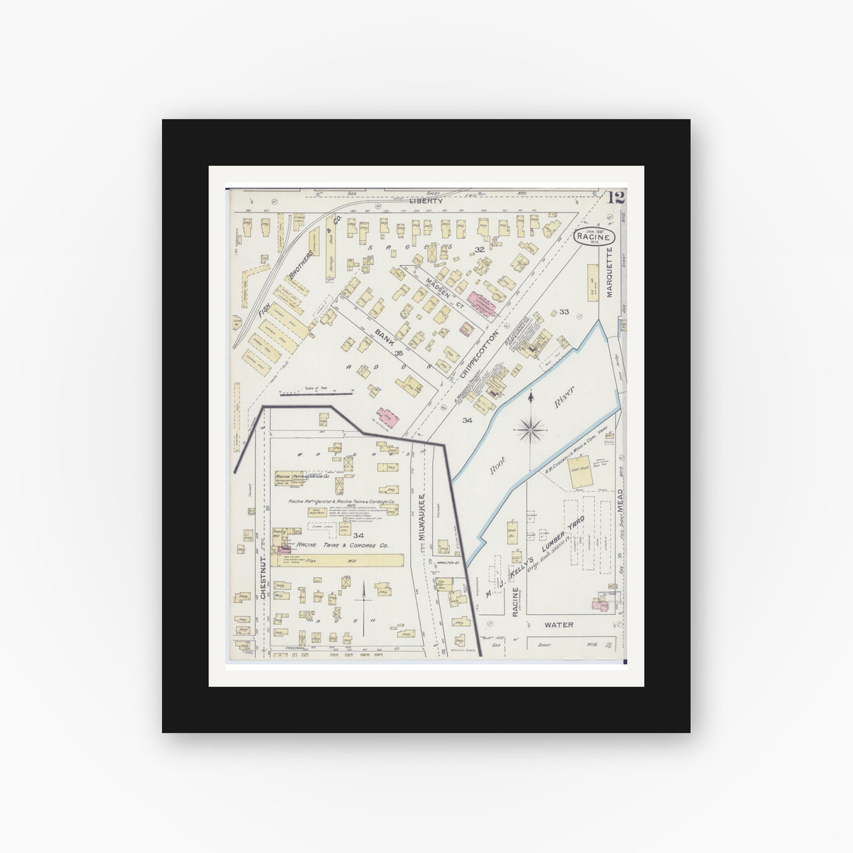 Old map wall art mockup — black gallery frame with white mat — Sanborn Fire Insurance Map from Racine, Racine County, Wisconsin (1887), Sheet #0012