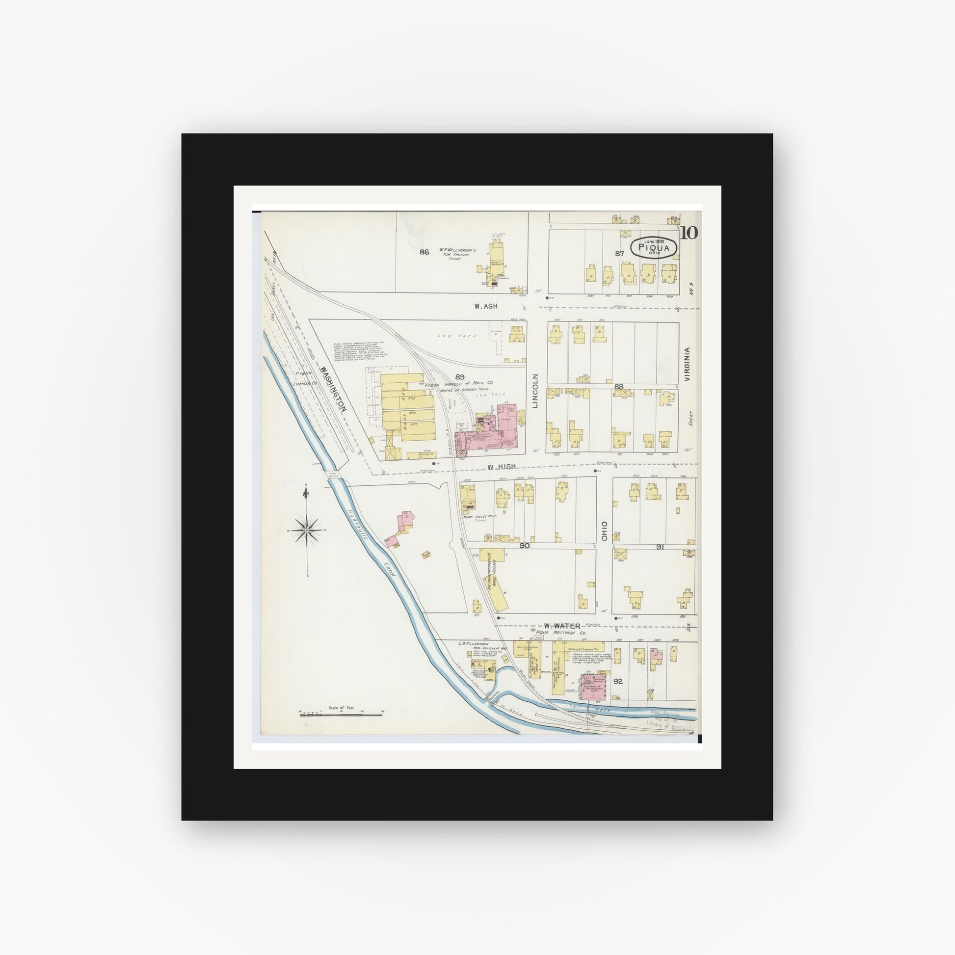 Old map wall art mockup — black gallery frame with white mat — Sanborn Fire Insurance Map from Piqua, Miami County, Ohio (1892), Sheet #0010