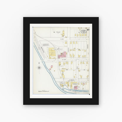 Old map wall art mockup — black gallery frame with white mat — Sanborn Fire Insurance Map from Piqua, Miami County, Ohio (1892), Sheet #0010