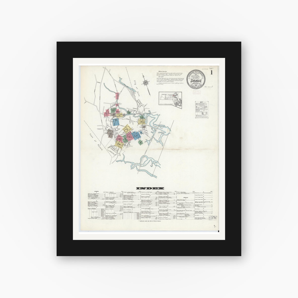 Old map wall art mockup — black gallery frame with white mat — Sanborn Fire Insurance Map from Saugus, Essex County, Massachusetts (1913) - Complete Map Set