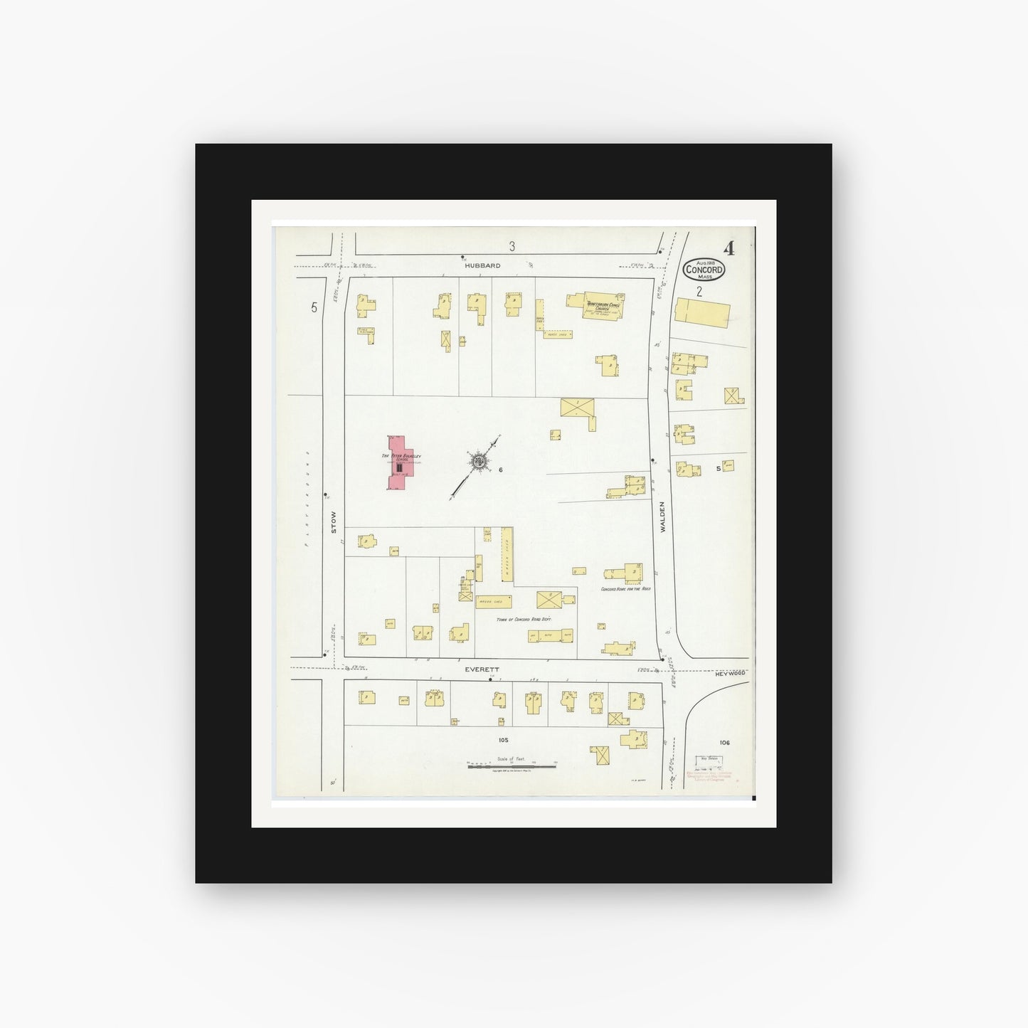 Old map wall art mockup — black gallery frame with white mat — Sanborn Fire Insurance Map from Concord, Middlesex County, Massachusetts (1918), Sheet #0004