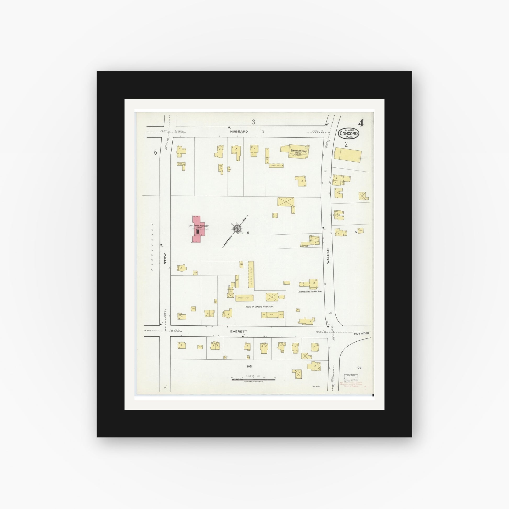 Old map wall art mockup — black gallery frame with white mat — Sanborn Fire Insurance Map from Concord, Middlesex County, Massachusetts (1918), Sheet #0004