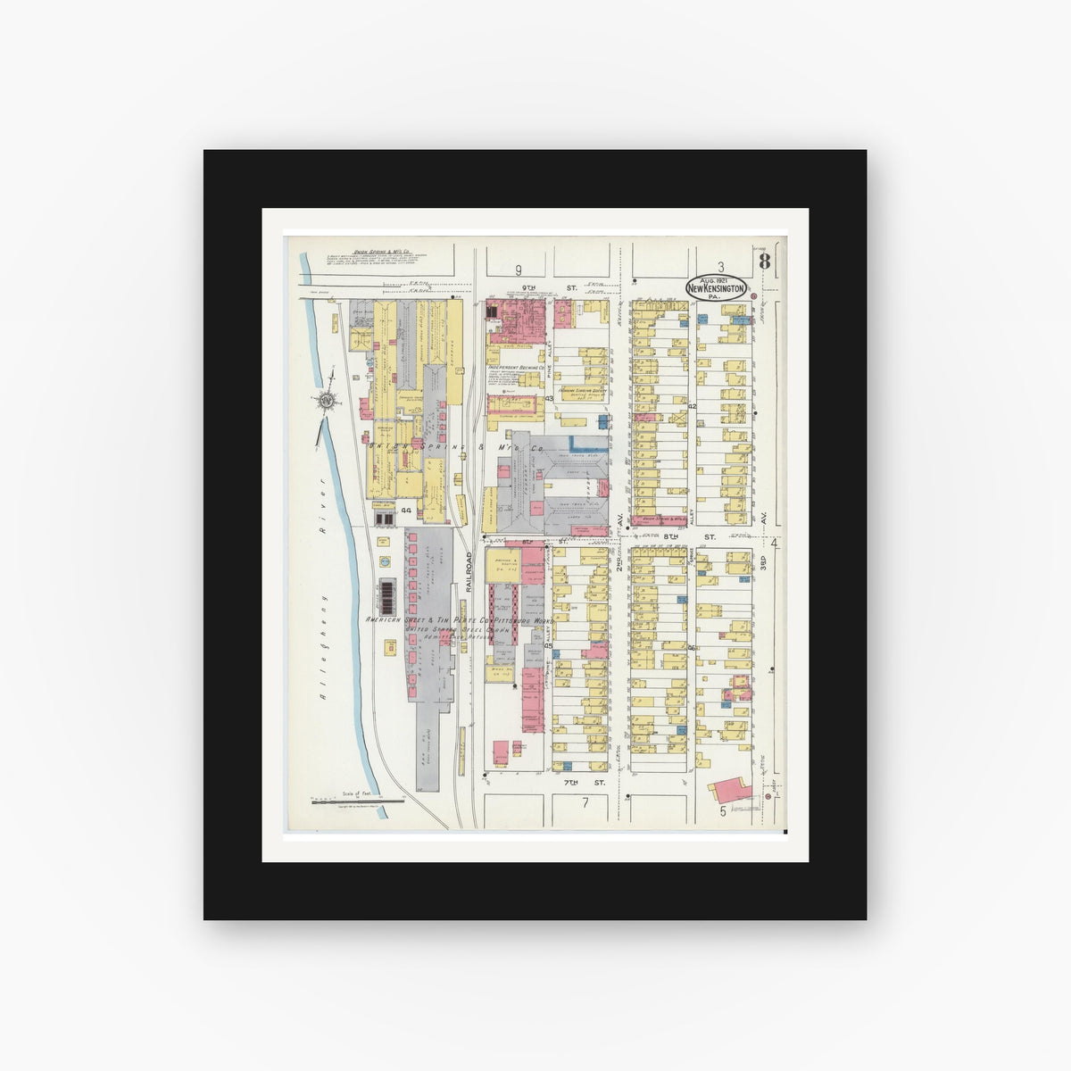 Old map wall art mockup — black gallery frame with white mat — Sanborn Fire Insurance Map from New Kensington, Westmoreland County, Pennsylvania (1921), Sheet #0008