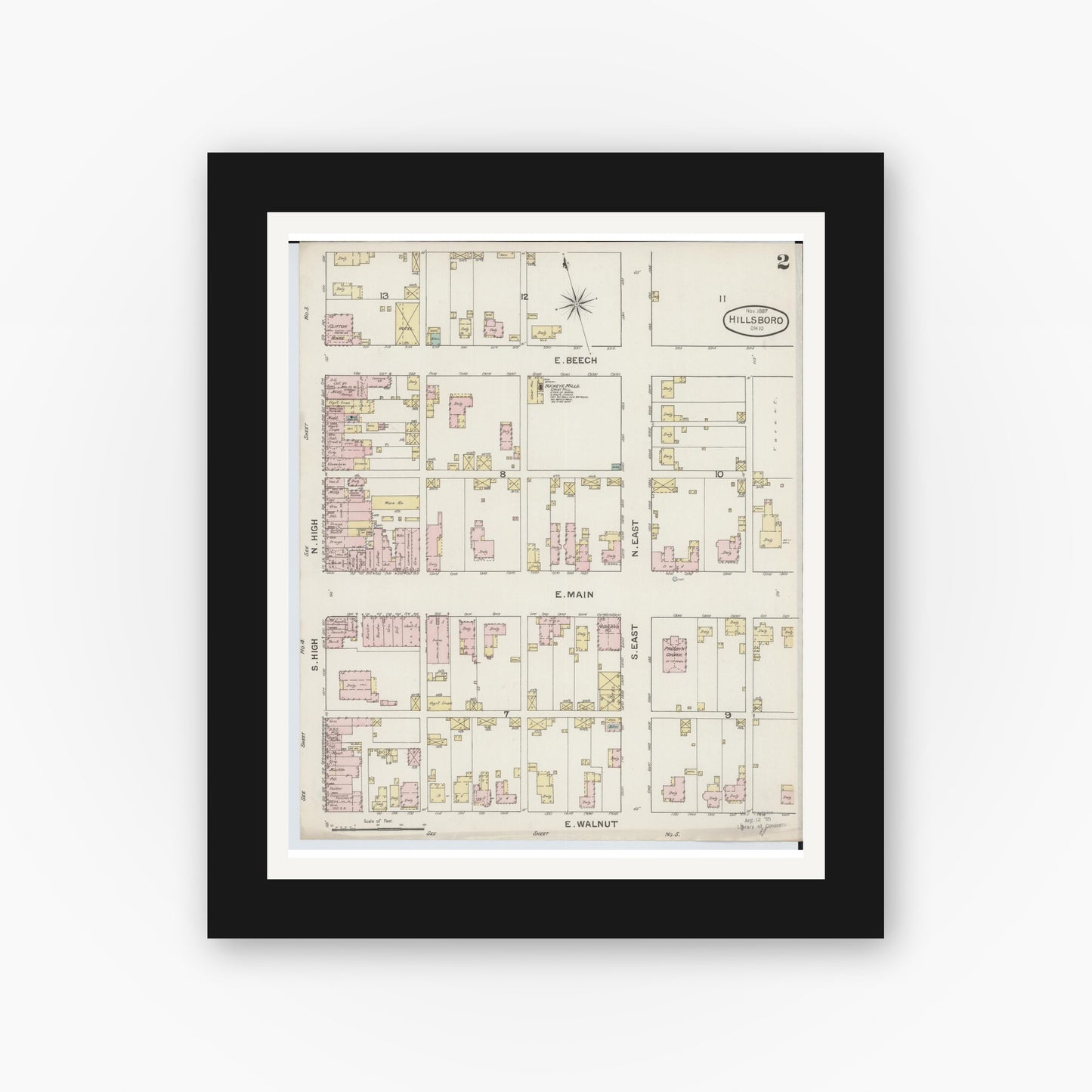 Old map wall art mockup — black gallery frame with white mat — Sanborn Fire Insurance Map from Hillsboro, Highland County, Ohio (1887), Sheet #0002