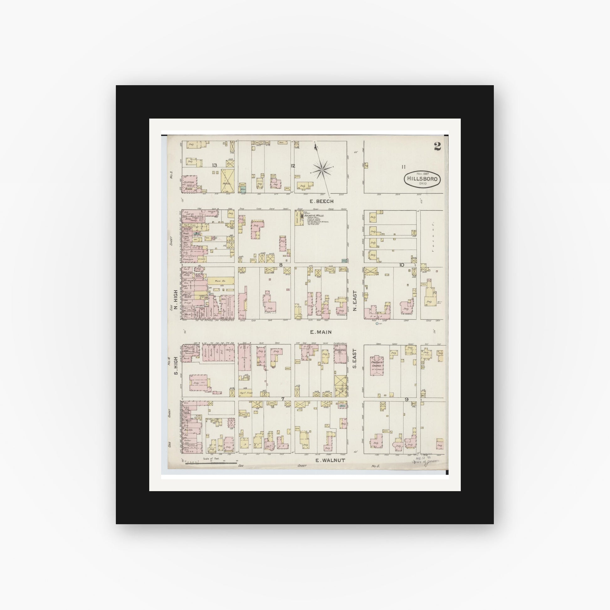Old map wall art mockup — black gallery frame with white mat — Sanborn Fire Insurance Map from Hillsboro, Highland County, Ohio (1887), Sheet #0002