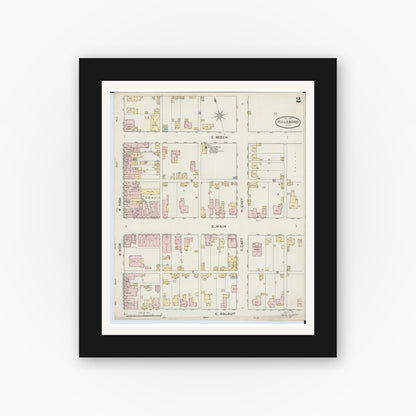 Old map wall art mockup — black gallery frame with white mat — Sanborn Fire Insurance Map from Hillsboro, Highland County, Ohio (1887), Sheet #0002