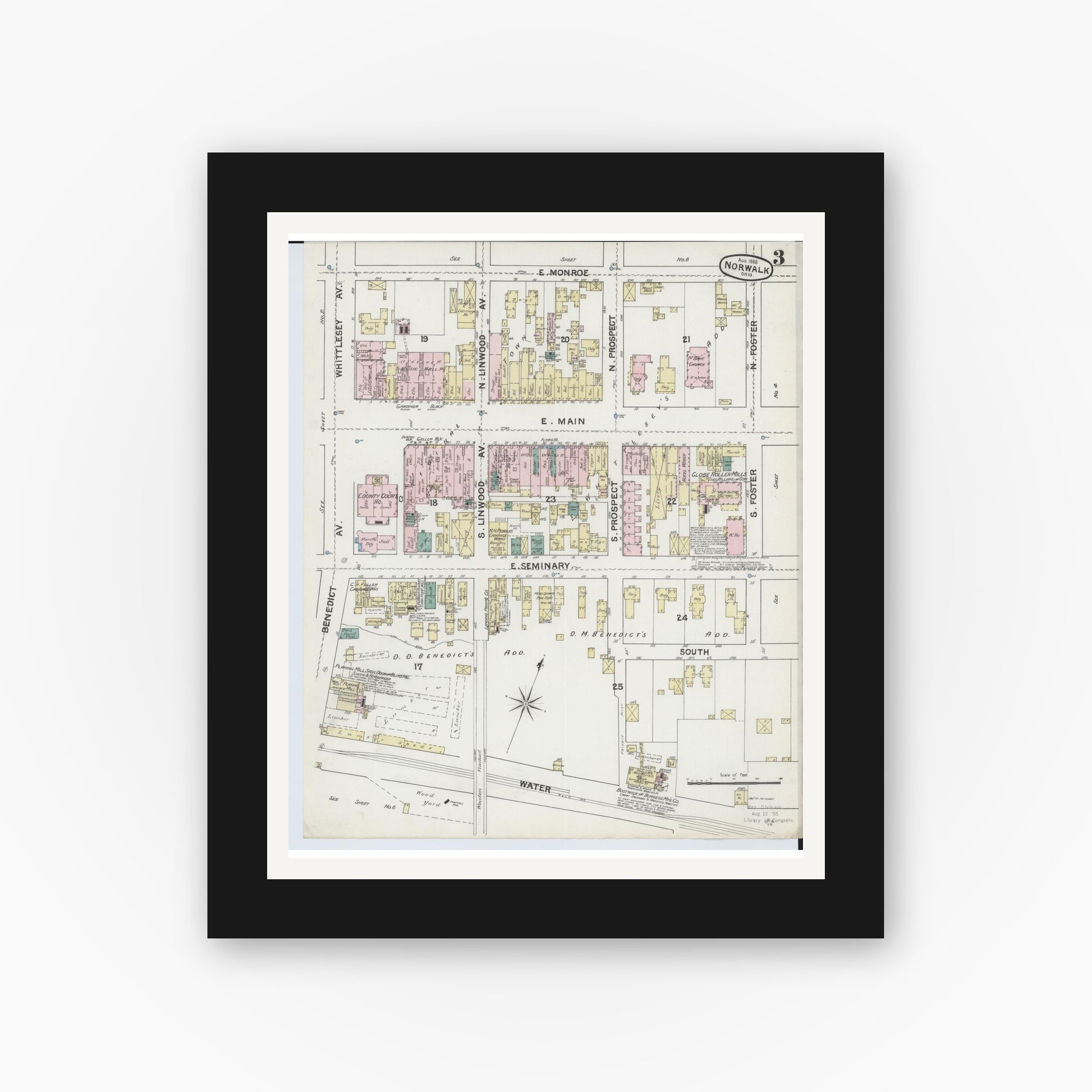 Old map wall art mockup — black gallery frame with white mat — Sanborn Fire Insurance Map from Norwalk, Huron County, Ohio (1888), Sheet #0003