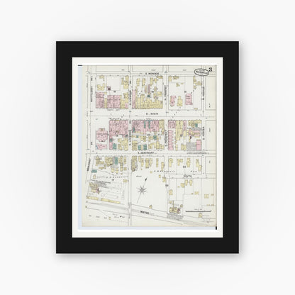 Old map wall art mockup — black gallery frame with white mat — Sanborn Fire Insurance Map from Norwalk, Huron County, Ohio (1888), Sheet #0003