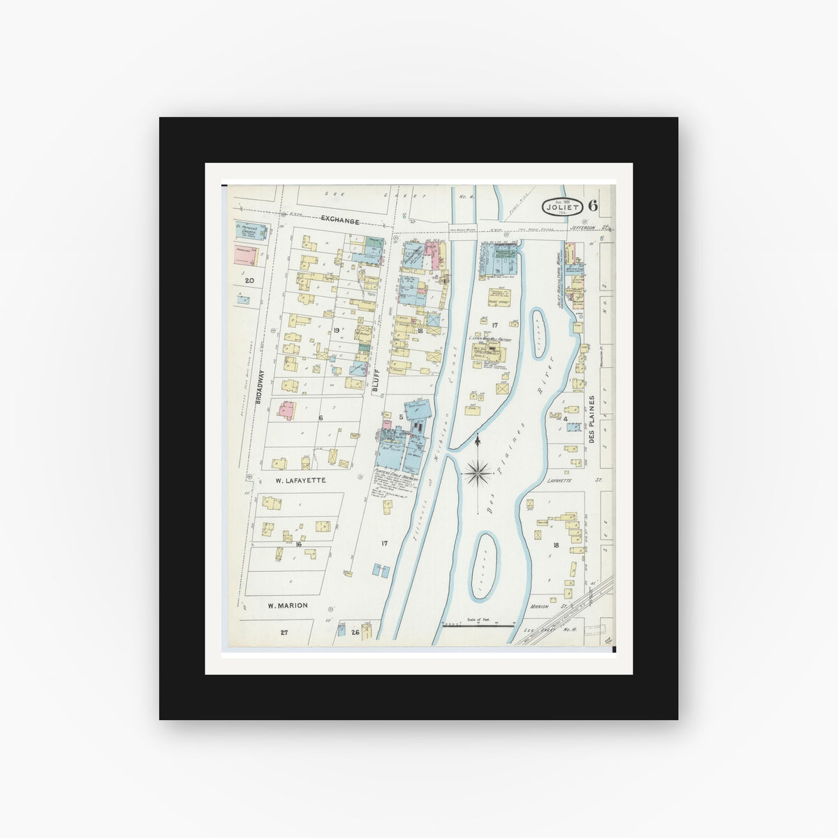 Old map wall art mockup — black gallery frame with white mat — Sanborn Fire Insurance Map from Joliet, Will County, Illinois (1891), Sheet #0006