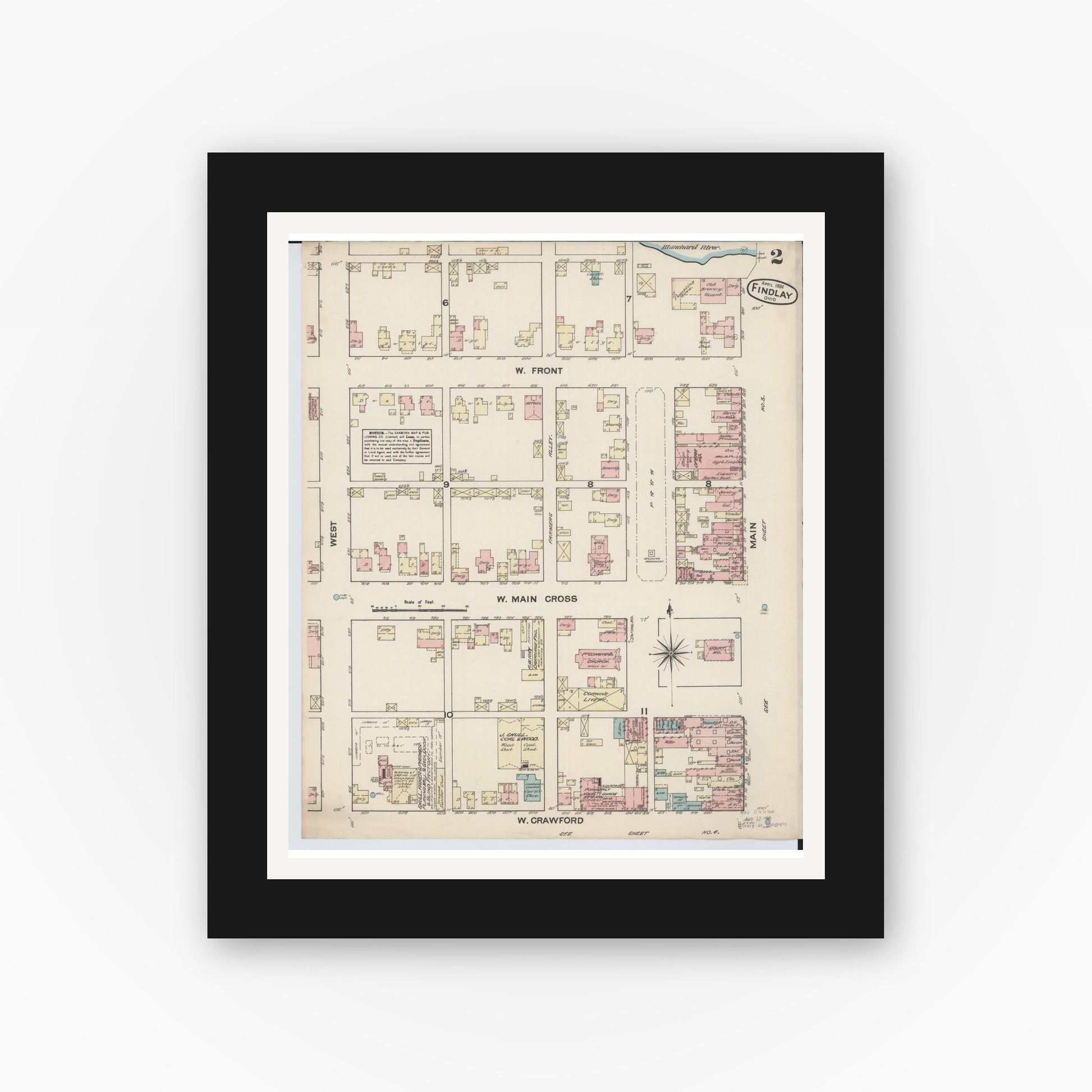 Old map wall art mockup — black gallery frame with white mat — Sanborn Fire Insurance Map from Findlay, Hancock County, Ohio (1884), Sheet #0002