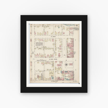 Old map wall art mockup — black gallery frame with white mat — Sanborn Fire Insurance Map from Findlay, Hancock County, Ohio (1884), Sheet #0002