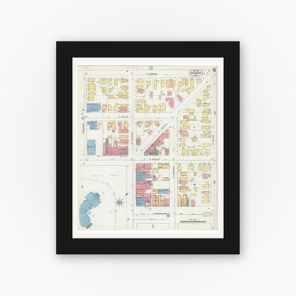Old map wall art mockup — black gallery frame with white mat — Sanborn Fire Insurance Map from Madison, Dane County, Wisconsin (1902), Sheet #0006